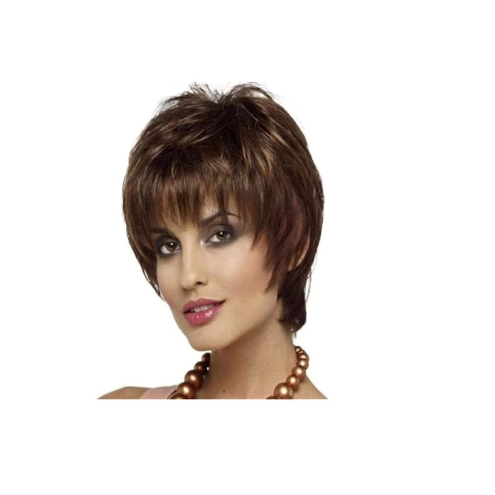 NTIYOU Wig Short Pixie Cut Brown Wigs, Natural Lightweight Hair Layered Style Wigs Women Mixed Blonde Curly Wig Wig for Daily Party Women