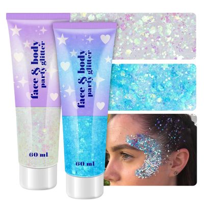 Body Glitter Gel, 2 Jars Holographic Chunky Glitter Makeup for Body, Hair, Face, Nail, Lip, Eyeshadow, Total 120ML Long Lasting Iridescent Chunky Glitter for Concert Festival Rave (White & Blue)