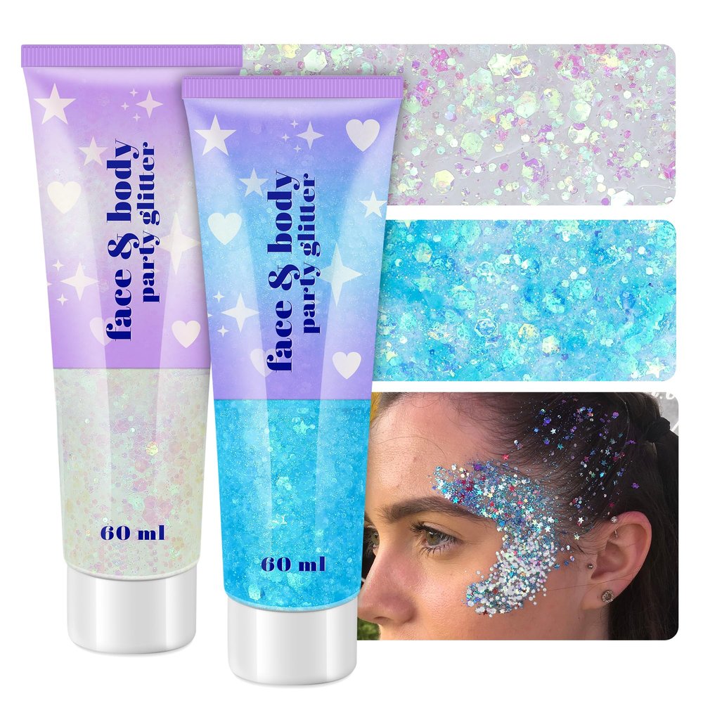 Body Glitter Gel, 2 Jars Holographic Chunky Glitter Makeup for Body, Hair, Face, Nail, Lip, Eyeshadow, Total 120ML Long Lasting Iridescent Chunky Glitter for Concert Festival Rave (White & Blue)