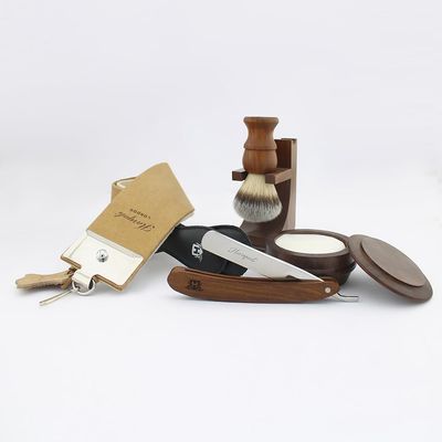 7Pcs Wooden Shaving Kit for Men with Straight Razor - Shaving Brush - Shaving Stand - Shaving Soap - Shaving Bowl - Leather Strop - Paste - Perfect Shaving Set
