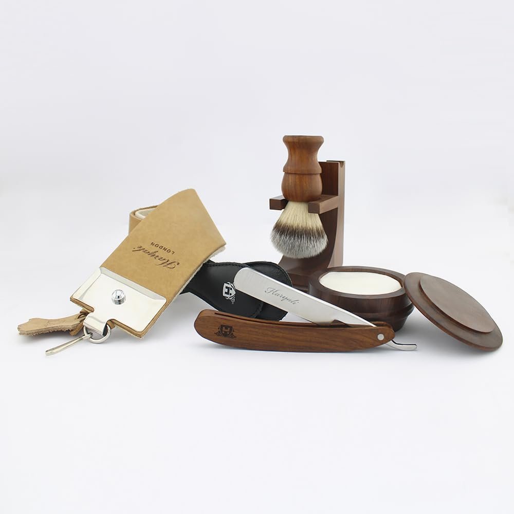 7Pcs Wooden Shaving Kit for Men with Straight Razor - Shaving Brush - Shaving Stand - Shaving Soap - Shaving Bowl - Leather Strop - Paste - Perfect Shaving Set