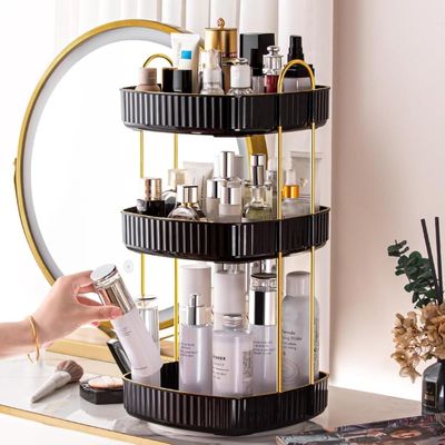 360 Rotating Makeup Organizer, Spinning Bathroom Organizer Countertop, Large Capacity Cosmetics Skincare Organizer for Bathroom Vanity Dresser Table (Black, 3 Tiers)
