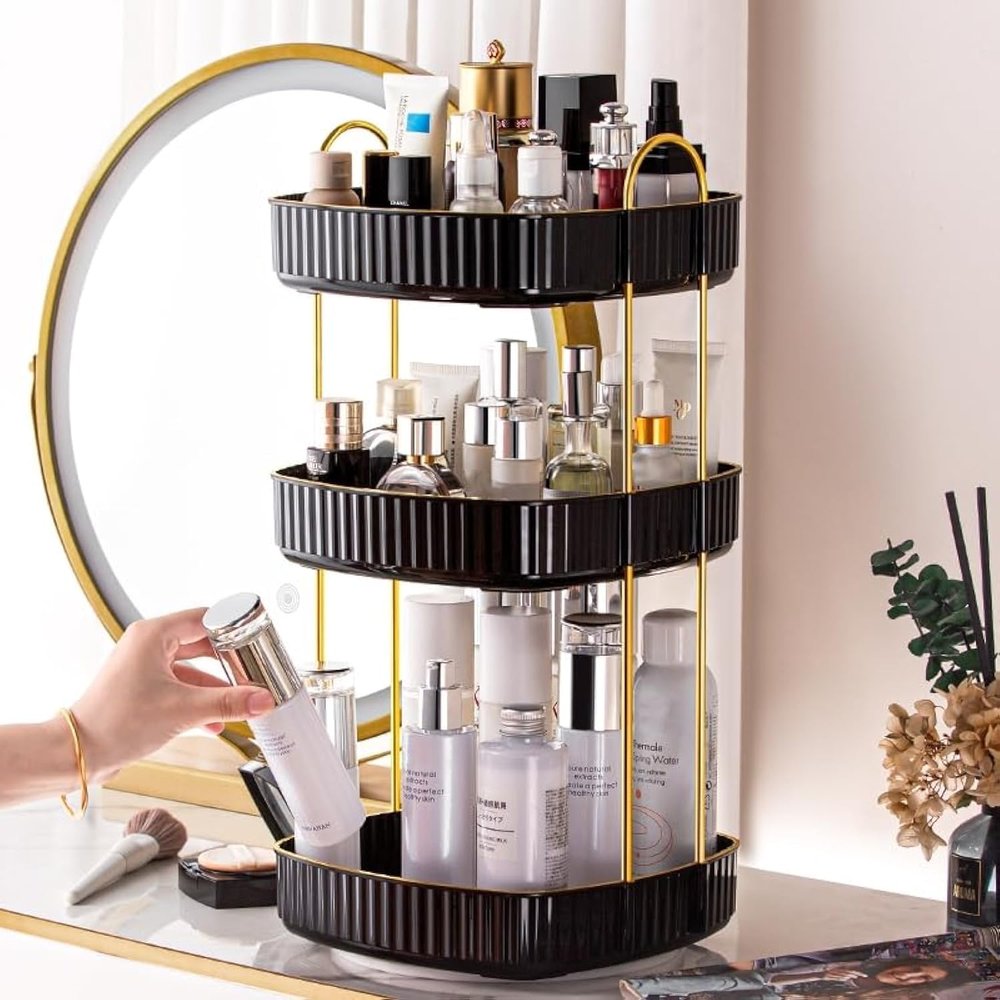 360 Rotating Makeup Organizer, Spinning Bathroom Organizer Countertop, Large Capacity Cosmetics Skincare Organizer for Bathroom Vanity Dresser Table (Black, 3 Tiers)