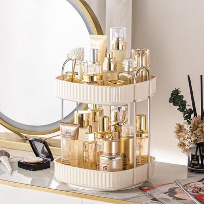 360 Rotating Makeup Organizer, Spinning Bathroom Organizer Countertop, Large Capacity Cosmetics Skincare Organizer for Bathroom Vanity Dresser Table (Cream, 2 Tiers)