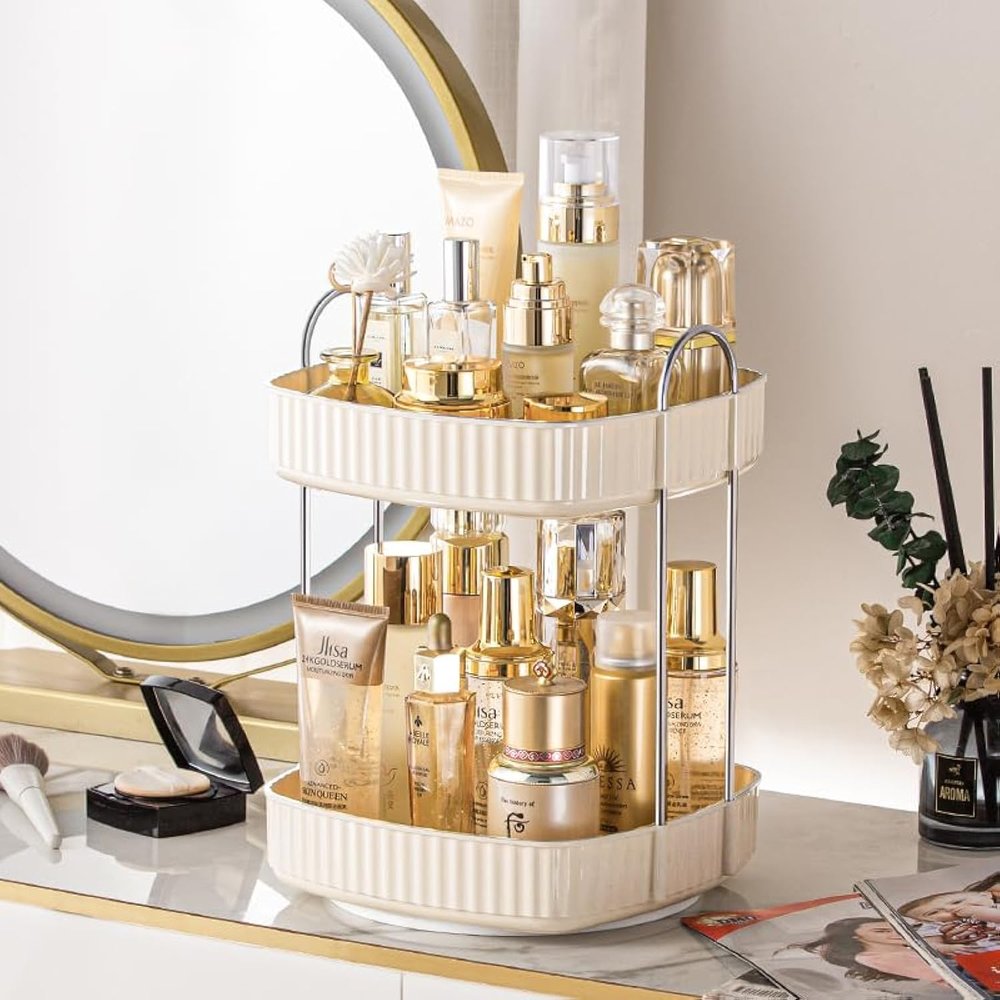 360 Rotating Makeup Organizer, Spinning Bathroom Organizer Countertop, Large Capacity Cosmetics Skincare Organizer for Bathroom Vanity Dresser Table (Cream, 2 Tiers)