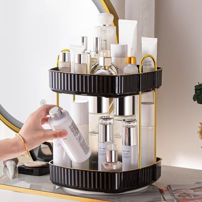 360 Rotating Makeup Organizer, Spinning Bathroom Organizer Countertop, Large Capacity Cosmetics Skincare Organizer for Bathroom Vanity Dresser Table (Black, 2 Tiers)
