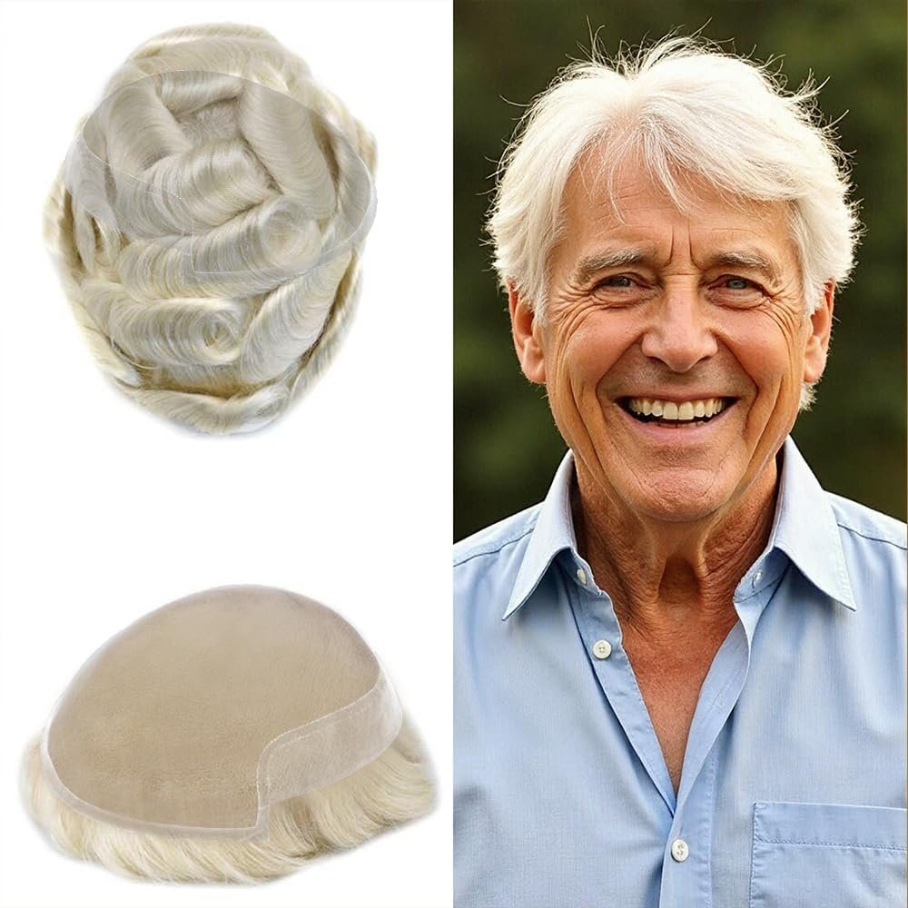 Toupee For Men Hair Piece Real Human Hair Soft Swiss Lace Replacement System For Mens Toupee Hair Piece Protesis Capilar Para Hombre (7X9Light to medium density, 60RY#)