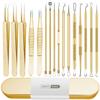Blackhead Remover Tool, 16 PCS Pimple Popper Tool Kit, Tweezers Set for Eyebrows Hair Removal Pimple Blemish Acne Comedones Extractor Whitehead Cyst Removal Tool, for Nose Face Beauty Tools (Golden) view 1