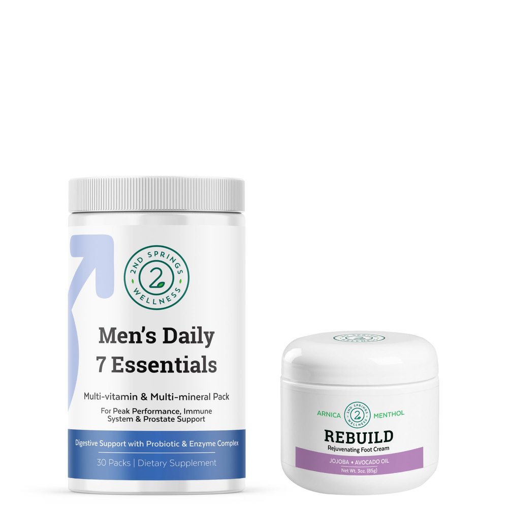 2nd Springs Complete Foot Relief & Essential Nutrition Bundle - REBUILD Fast-Acting Foot Relief Cream & Men's Daily 7 Essentials