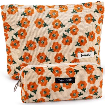 2Pcs Flower Makeup Bag Cute Floral Travel Cosmetic Bag Set for Women Large Small Corduroy Zipper Makeup Pouch for Purse Pencil Pouch Aesthetic Portable Toiletry Bags Organizer (Orange Flower)