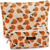 2Pcs Flower Makeup Bag Cute Floral Travel Cosmetic Bag Set for Women Large Small Corduroy Zipper Makeup Pouch for Purse Pencil Pouch Aesthetic Portable Toiletry Bags Organizer (Orange Flower) view 1