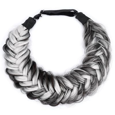BOBIYA Messy Wide 2 Strands Synthetic Hair Braided Headband Classic Chunky Hair Braid Elastic Stretch Braid Headbands for Women Girl (Salt Highlighted Pepper)