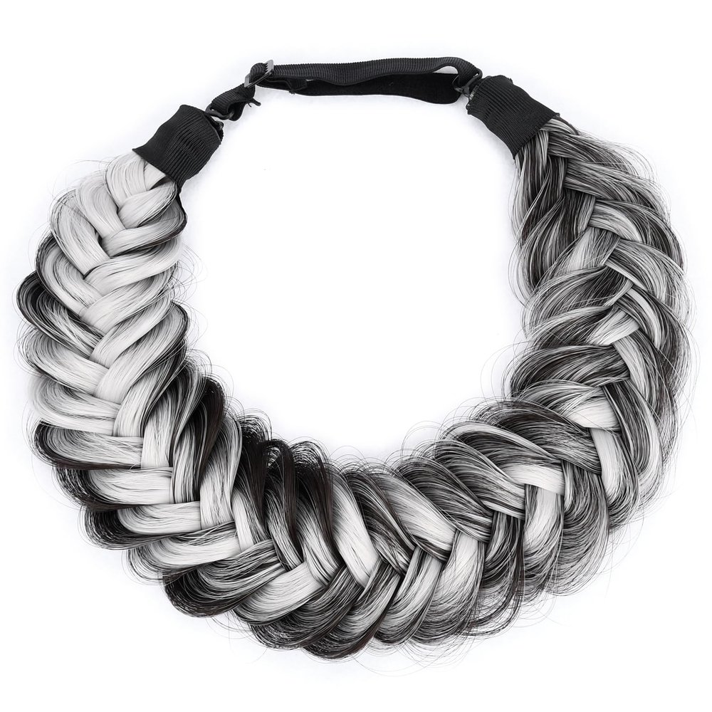 BOBIYA Messy Wide 2 Strands Synthetic Hair Braided Headband Classic Chunky Hair Braid Elastic Stretch Braid Headbands for Women Girl (Salt Highlighted Pepper)