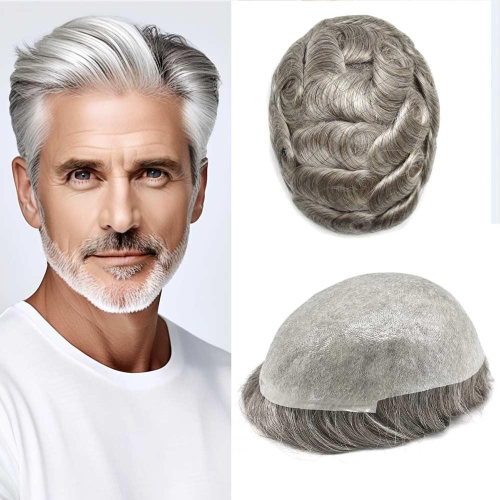 Men Toupee Hair Thin Skin 0.06 Men's Toupee Hair Piece Remy Human Hair System Mens Hairpieces Invisable Hairline Protesis Capilar Para Hombre (8''X10''-90% density, #380#3 DARK BROWN+80% GREY)