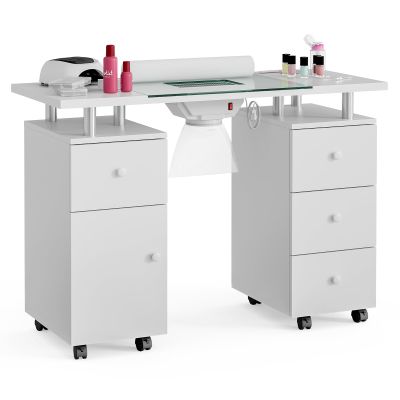 Belandi Manicure Table, Glass Top Nail Tech Desk Nail Table Station for Nail Tech w/Electric Downdraft Vent, Wrist Cushion, Lockable Wheels, Storage Drawers, Wooden Handles (White-Glass Table)