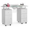 Belandi Manicure Table, Glass Top Nail Tech Desk Nail Table Station for Nail Tech w/Electric Downdraft Vent, Wrist Cushion, Lockable Wheels, Storage Drawers, Wooden Handles (White-Glass Table) view 1