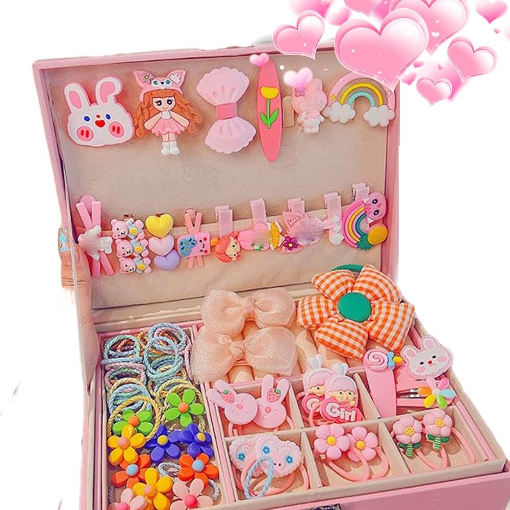 ALTALIVA Hair Accessories Set for Girls, Cartoon Cute Hair Clips Hair Ties Pink Hair Stuff Accessories with Jewelry Box Girl Gifts for Kindergarten Graduation, Birthday, children's day (18#142pcs)