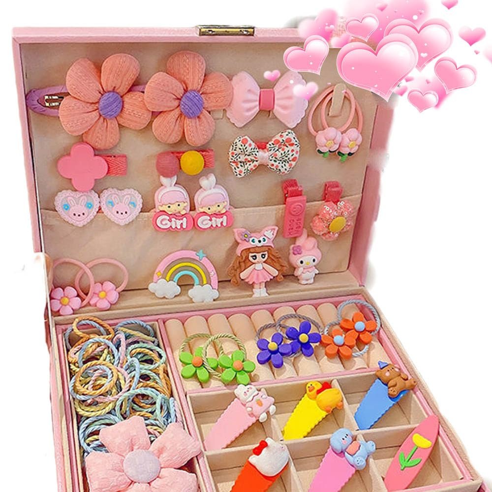 ALTALIVA Hair Accessories Set for Girls, Cartoon Cute Hair Clips Hair Ties Pink Hair Stuff Accessories with Jewelry Box Girl Gifts for Kindergarten Graduation, Birthday, children's day (8#138pcs)