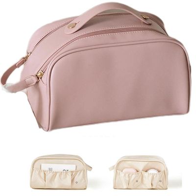 Double Zipper Toast Makeup Bag for Women, Large Capacity Cosmetic Bag, Portable Makeup Bag, High-End Skincare Product Storage Bag, Double Compartments Inside (Rose Pink)