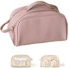 Double Zipper Toast Makeup Bag for Women, Large Capacity Cosmetic Bag, Portable Makeup Bag, High-End Skincare Product Storage Bag, Double Compartments Inside (Rose Pink) view 1