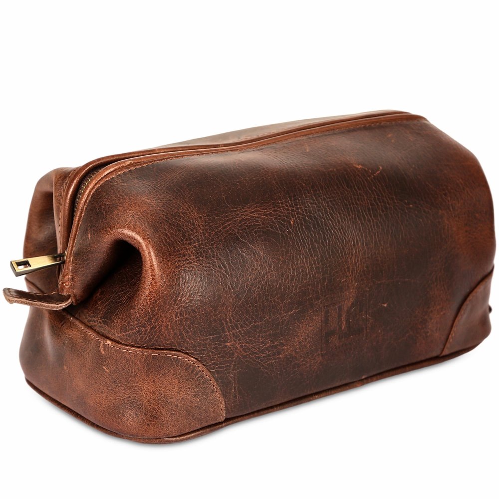 HLC Leather Toiletry Bag for Men Best Gift Premium Genuine Dopp Kit Shaving Kit Organizer Travel Kit Pouch Bag 10 inch Size (Brown)