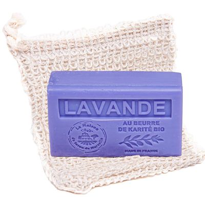 La Maison du Savon de Marseille - Exfoliating 100% Sisal Soap Bag with Lavender Scented Shea Butter Soap - Natural, Eco-friendly and Moisturising for Smooth Skin- 125g Soap Bar