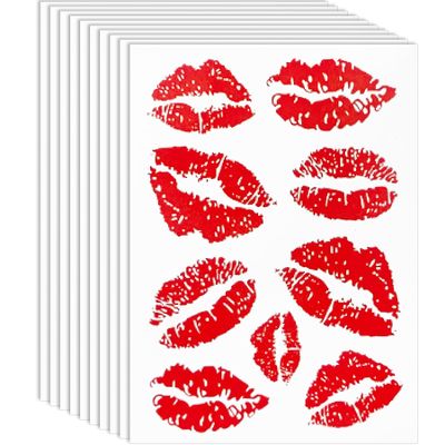 10Sheets Kiss Tattoos Temporary Red Lips Fake Tattoos Self-adhesive Waterproof Stickers for Adult Women Girls Face Body Halloween Decorations, 3.6" X 2.63"