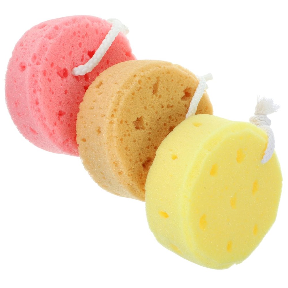 3pcs Bath Sponges, Sponge Loofah Body Scrubber for Women, Men, Teenager, Soft Skin-Friendly, Dual-Sided Design, Shower Pouf Cleaning for Shower Exfoliating, 3 Colors, 4.33 X 4.33 X 1.77 Inches