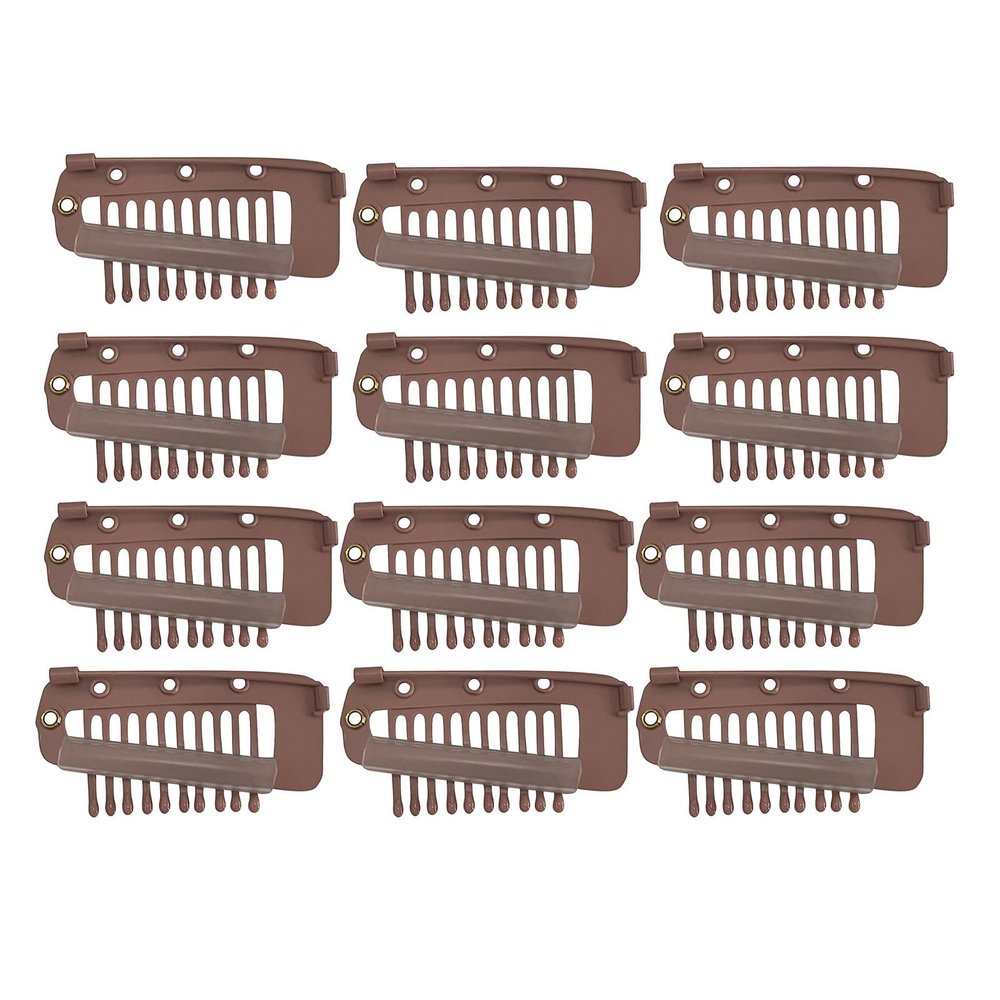 12PCS Chunni Dupatta Clip With Safety Pins, Sturdy 10-Tooth Stainless Steel Hair Extension Clip For Clips Hair Hairpieces, DIY Wig Hair Clips (Black+Light Brown+Gold) (Color : Brown, Size : 12pcs)
