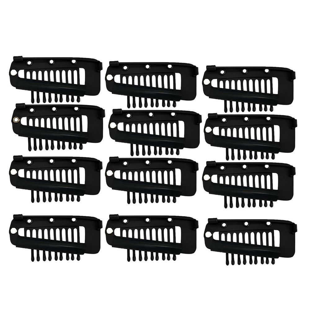 12PCS Chunni Dupatta Clip With Safety Pins, Sturdy 10-Tooth Stainless Steel Hair Extension Clip For Clips Hair Hairpieces, DIY Wig Hair Clips (Black+Light Brown+Gold) (Color : Black, Size : 12pcs)