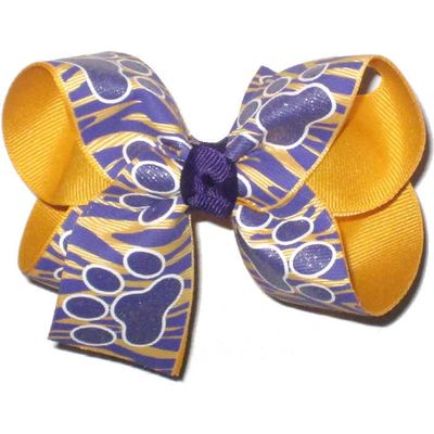 Rainbows By Paulette OV-2964M Go Tigers Purple and Gold Tiger Stripes with Purple Glitter Paw Prints over Yellow Gold Hair Bow