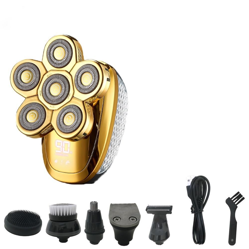 Head Shavers for Bald Men, 6 in 1 Men's 4D Electric Shaver Rechargeable 6 Floating Heads Beard Nose Ear Hair Trimmer Bald Head for Men Razor Clipper Face (Color : Gold)