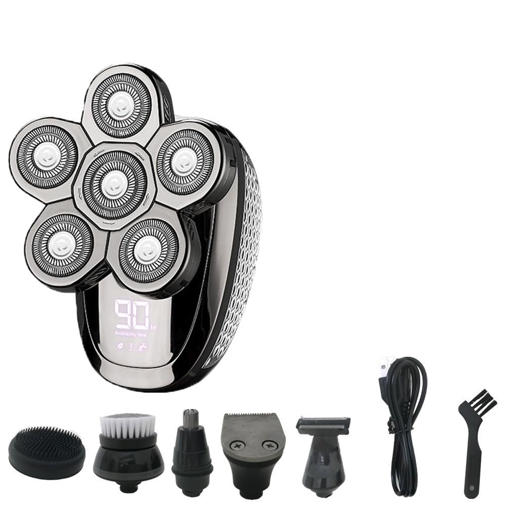 Head Shavers for Bald Men, 6 in 1 Men's 4D Electric Shaver Rechargeable 6 Floating Heads Beard Nose Ear Hair Trimmer Bald Head for Men Razor Clipper Face (Color : Silver)