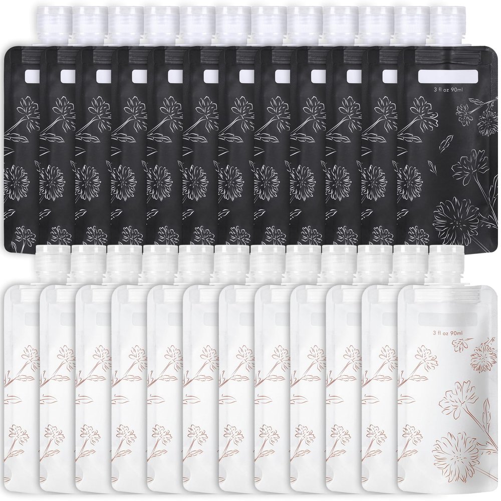 PACKISM Travel Bottles for Toiletries - 24 Pack Leak Proof 3oz TSA Approved Travel Pouches, Stand Up, Slim & Lightweight Design, Space Saving, Pack More Shampoo Conditioner Lotion Body Wash