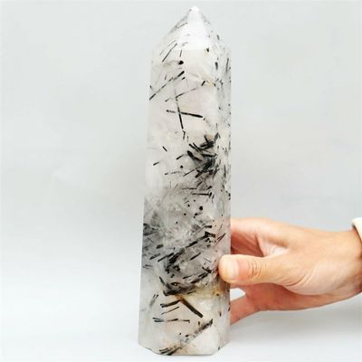 AtkitS Natural Black Hair Tourmaline Sorcerer's Stone Quartz Pillar Mineral Therapy Home Office Energy Decorative Gemstones (Size : 1-1.3kg)