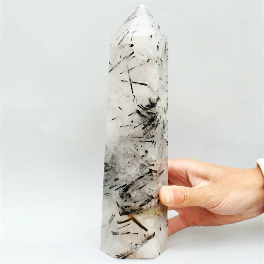AtkitS Natural Black Hair Tourmaline Sorcerer's Stone Quartz Pillar Mineral Therapy Home Office Energy Decorative Gemstones (Size : 1-1.3kg)