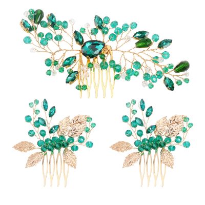 CHGCRAFT 3Pcs 2Styles Bride Wedding Hair Comb Green Crystal Golden Bridal Hair Comb Wedding Hair Clip for Party Photography, Green