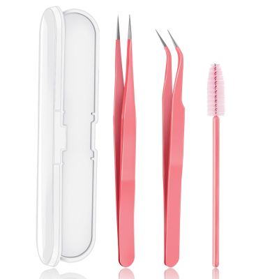 Professional Lash Tweezers,3 Pcs Eyelash Extension Tweezers Application Stainless Steel Straight and Curved Lash Tweezers Set with Eyelash Brush for Eyelash Extensions (Pink)