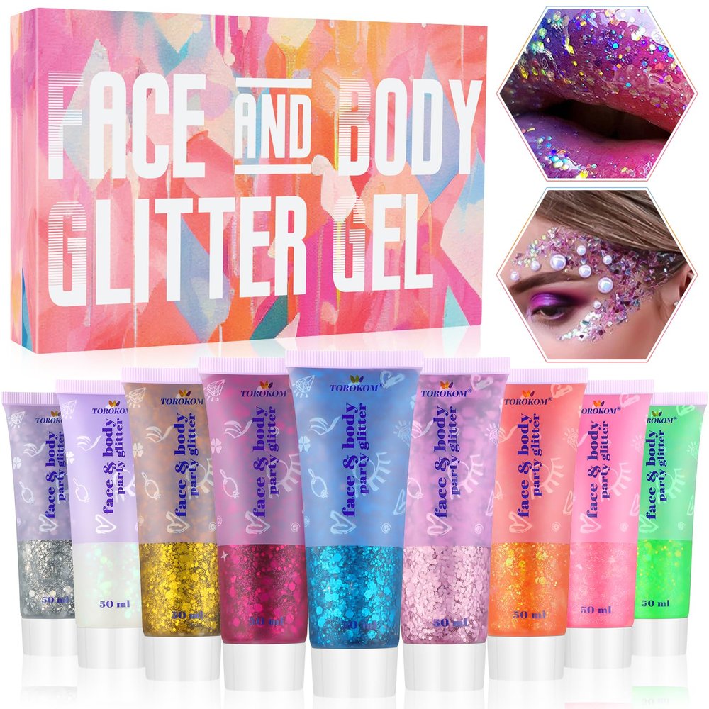 9Colors Face Body Glitter Gel, TOROKOM Sparkling Holographic Face Glitter Gel Mermaid Cosmetic Glitters Flakes Gel Long Lasting Chunky Glitter for Valentine's Day Party Rave Eye Lip Hair Nail Body