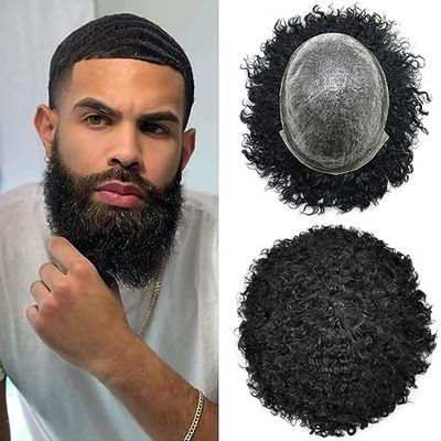 Healthlif Afro Toupee For Black Men Kinky Curly Human Hair Unit African American Hair Toupee Natural Afro Wave Hair Units Replacement System PU Injection Mens Hairpiece (8x10, #1 JET BLACK-8mm wave)