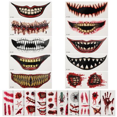 20 Sheets Realistic Waterproof Scary Big Mouth Face Sticker Tattoos - Make Up Stickers for Halloween Cosplay Decor