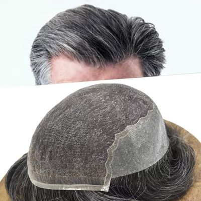 Mens Hair System Toupee for Men Transparent Swiss Lace with Thin Skin mens Hairpiece Bleached Knots Mens Toupee Natural Hairline Men Hair Wigs(7X9"-100% density#1B65 Off Black with 65% Gray)