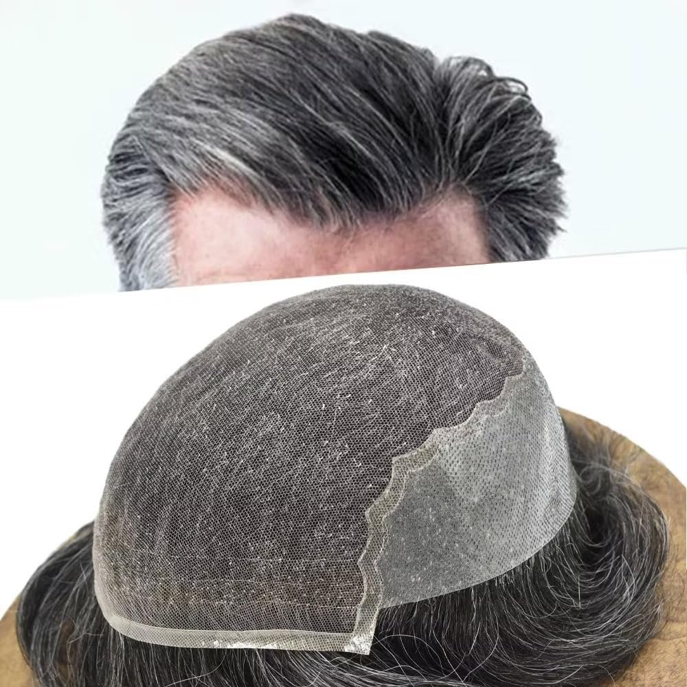 Mens Hair System Toupee for Men Transparent Swiss Lace with Thin Skin mens Hairpiece Bleached Knots Mens Toupee Natural Hairline Men Hair Wigs(7X9"-100% density#1B65 Off Black with 65% Gray)