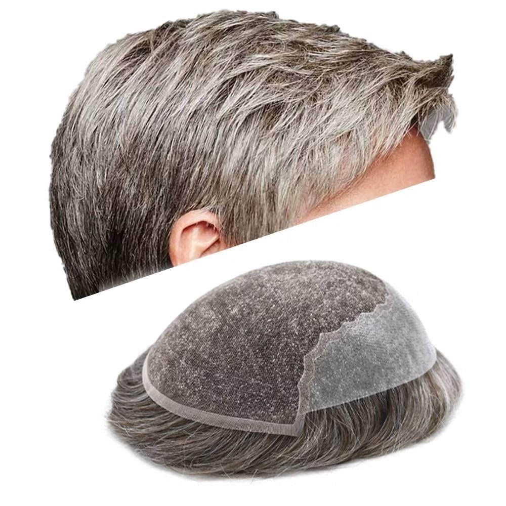 Mens Hair System Toupee for Men Transparent Swiss Lace with Thin Skin mens Hairpiece Bleached Knots Mens Toupee Natural Hairline Men Hair Wigs(8X10"-120% density#580 Medium Light Brown with 80% Gray)