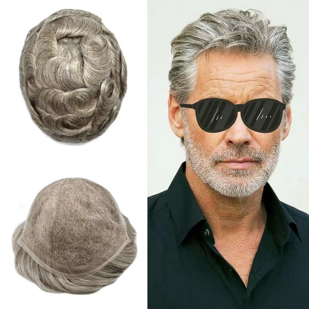 Mens Hair System Toupee for Men Transparent Swiss Lace with Thin Skin mens Hairpiece Bleached Knots Mens Toupee Natural Hairline Men Hair Wigs(7X9"-100% density#630 Light Brown with 30% Gray)