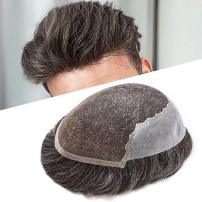 Mens Hair System Toupee for Men Transparent Swiss Lace with Thin Skin mens Hairpiece Bleached Knots Mens Toupee Natural Hairline Men Hair Wigs(8X10"-100% density#365 Dark Brown with 65% Gray)