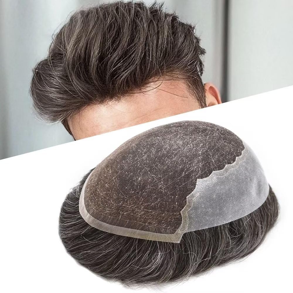 Mens Hair System Toupee for Men Transparent Swiss Lace with Thin Skin mens Hairpiece Bleached Knots Mens Toupee Natural Hairline Men Hair Wigs(8X10"-100% density#365 Dark Brown with 65% Gray)