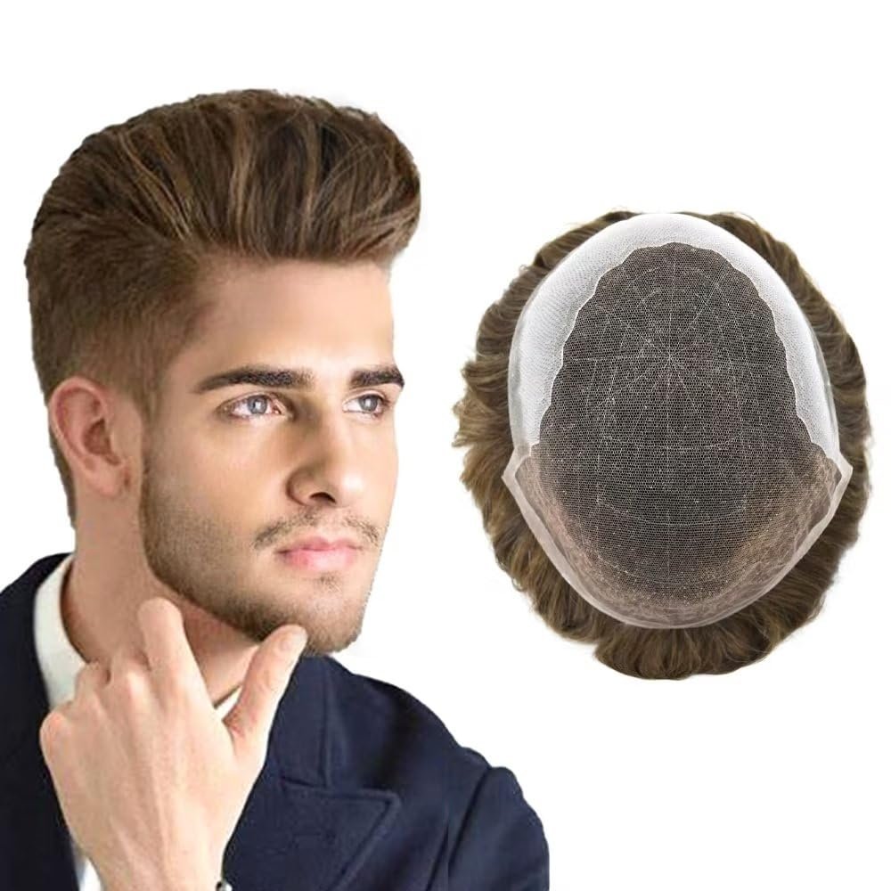 Mens Hair System Toupee for Men Transparent Swiss Lace with Thin Skin mens Hairpiece Bleached Knots Mens Toupee Natural Hairline Men Hair Wigs(8X10"-120% density#5 Medium Light Brown)