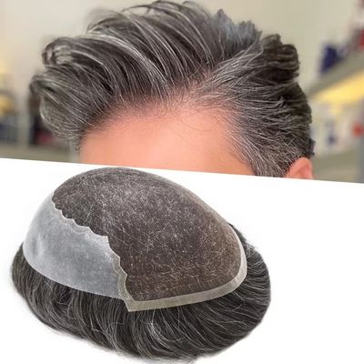 Mens Hair System Toupee for Men Transparent Swiss Lace with Thin Skin mens Hairpiece Bleached Knots Mens Toupee Natural Hairline Men Hair Wigs(8X10"-100% density#230 Darkest Brown with 30% Gray)