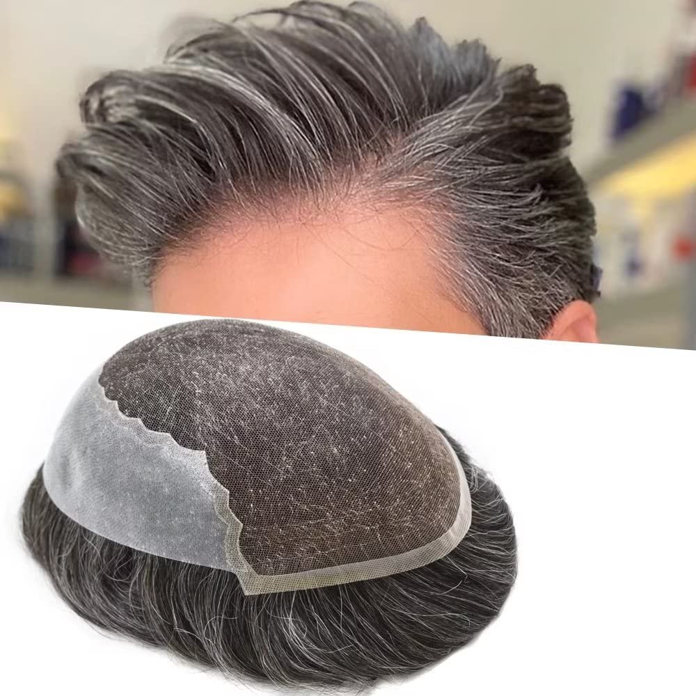 Mens Hair System Toupee for Men Transparent Swiss Lace with Thin Skin mens Hairpiece Bleached Knots Mens Toupee Natural Hairline Men Hair Wigs(8X10"-100% density#230 Darkest Brown with 30% Gray)